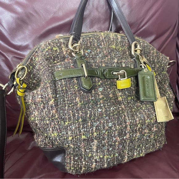 Authentic Rare COACH Chelsea Boucle Green Tweed Emerson Satchel Purse - Picture 6 of 14